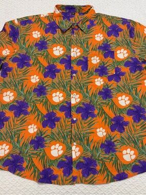 Clemson Tigers Paw Floral Hawaiian Orange Purple Short Sleeve Shirt Men’s 3XL